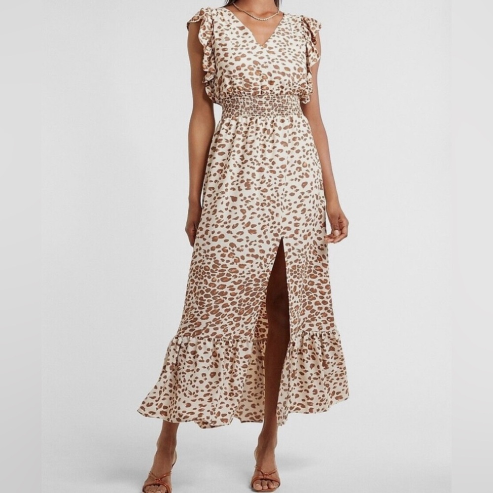 Express Leopard Ruffle Midi Sundress l S